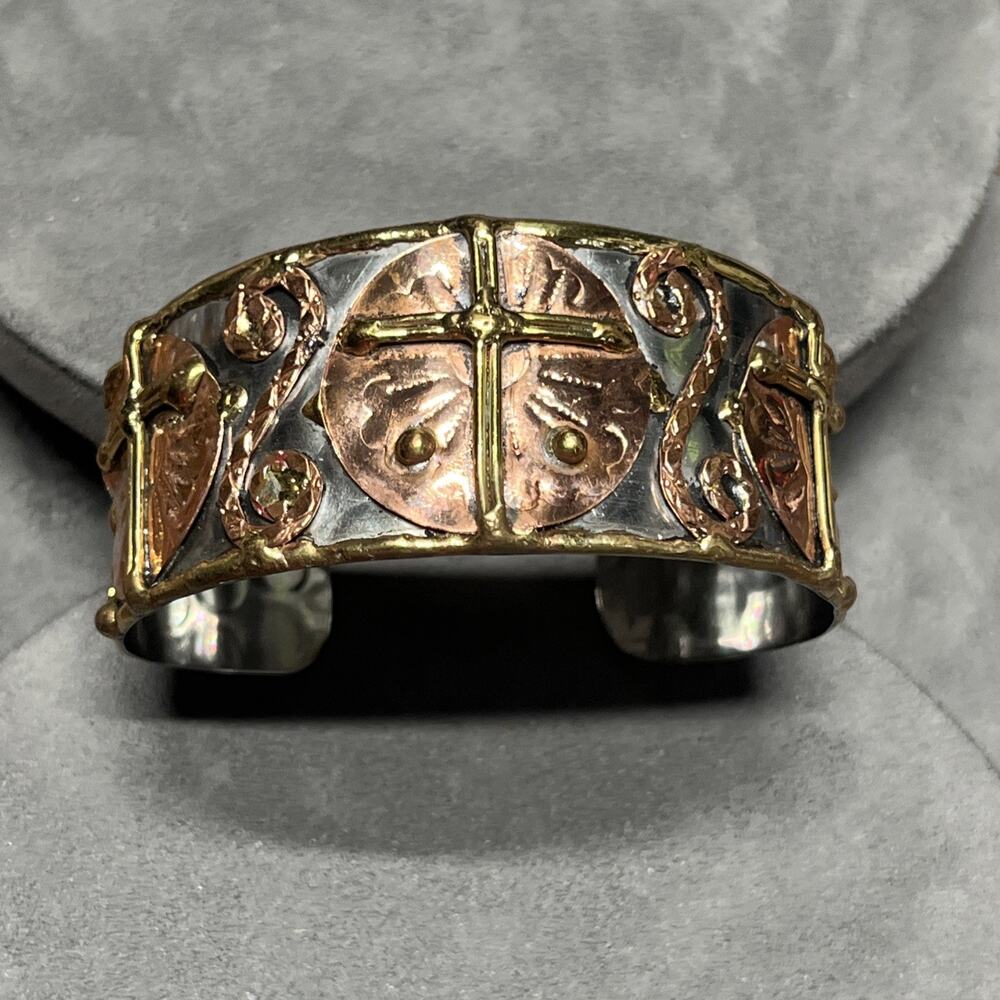 Artisan Mixed Metal Cuff Bracelet Christian Themed Gold Copper Silver Tones